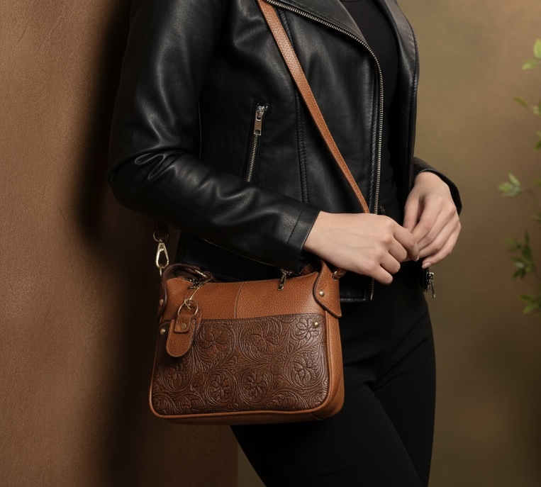 کیف دوشی زنانه چرمی جلو جیبدار گلابی شکل-چرم گابای