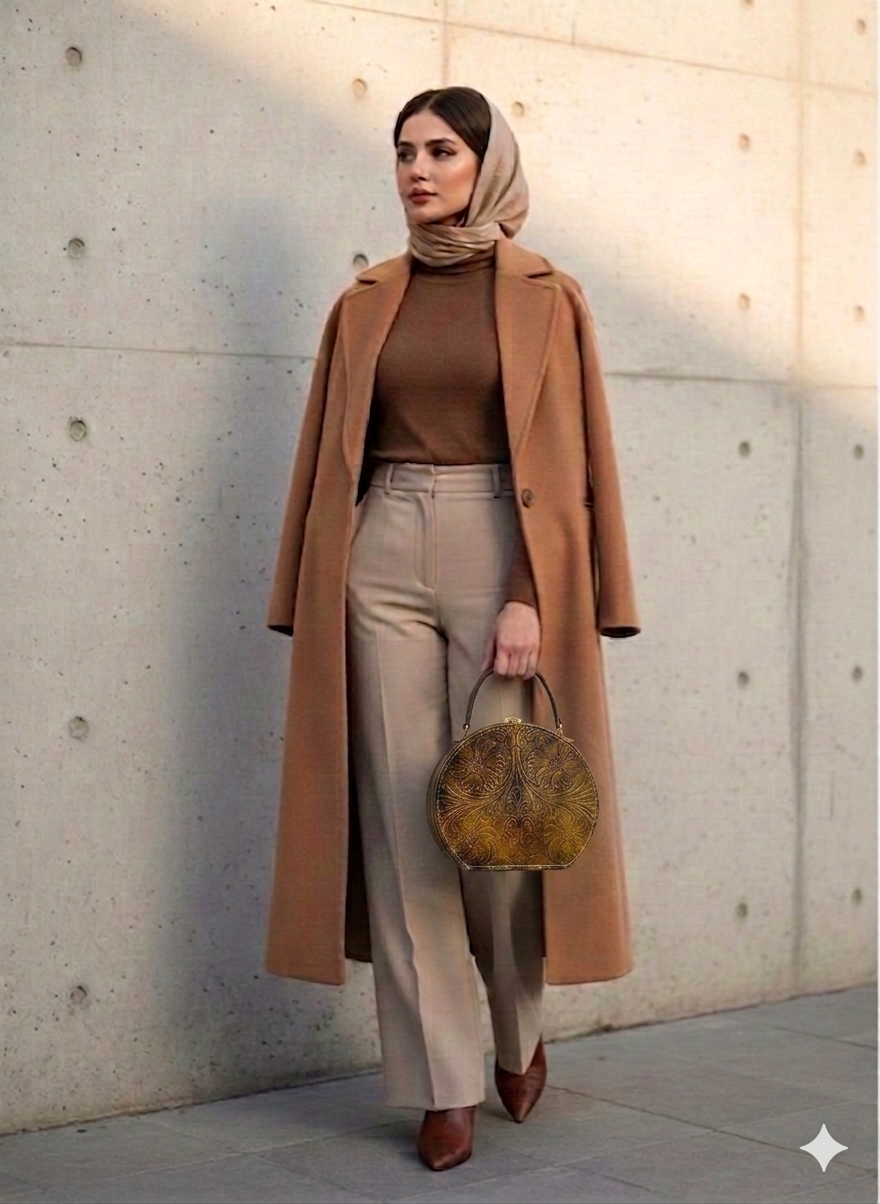 کیف دوشی و دستی چرم نیم گرد حکاکی شده- چرم گابای