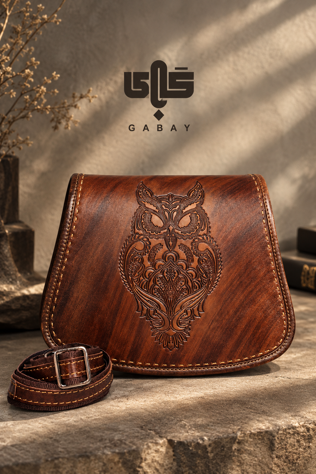 کیف دوشی چرم با حکاکی طرح جغد-چرم گابای